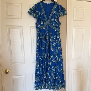 Max Studio Royal Blue Floral V-Neck Maxi Dress with Green Trim